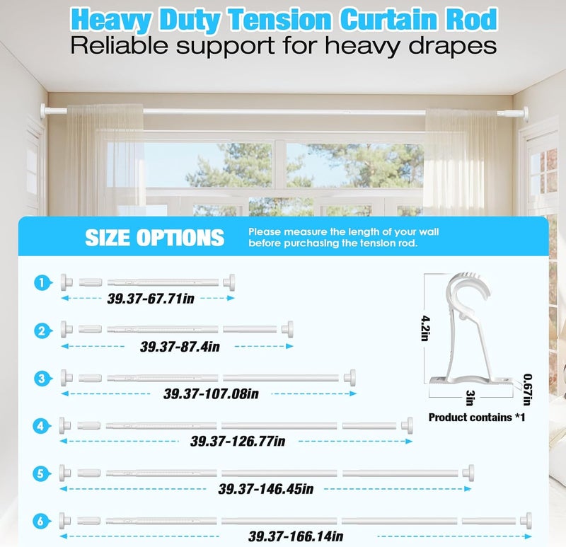 MEXAU White Tension Curtain Rods 41-166 In Extra Long Outdoor Patio Curtain Rods No Drilling Adjustable Heavy Duty Tension Rods for Windows Bathroom Living Room Curtains, Rod Diameter 1.26In - Image 4